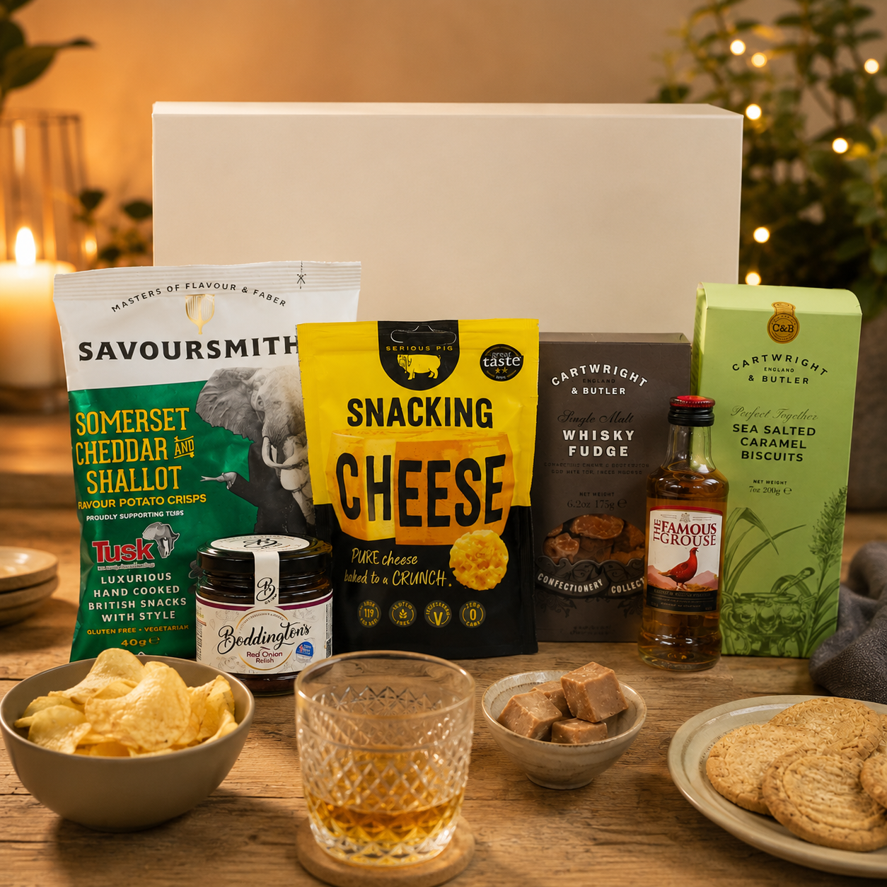 Luxury gift hamper for him presented in a magnetic gift box featuring Famous Grouse whisky, Savoursmiths cheddar and shallot crisps, snacking cheese, red onion relish, sea salted caramel biscuits and whisky fudge.