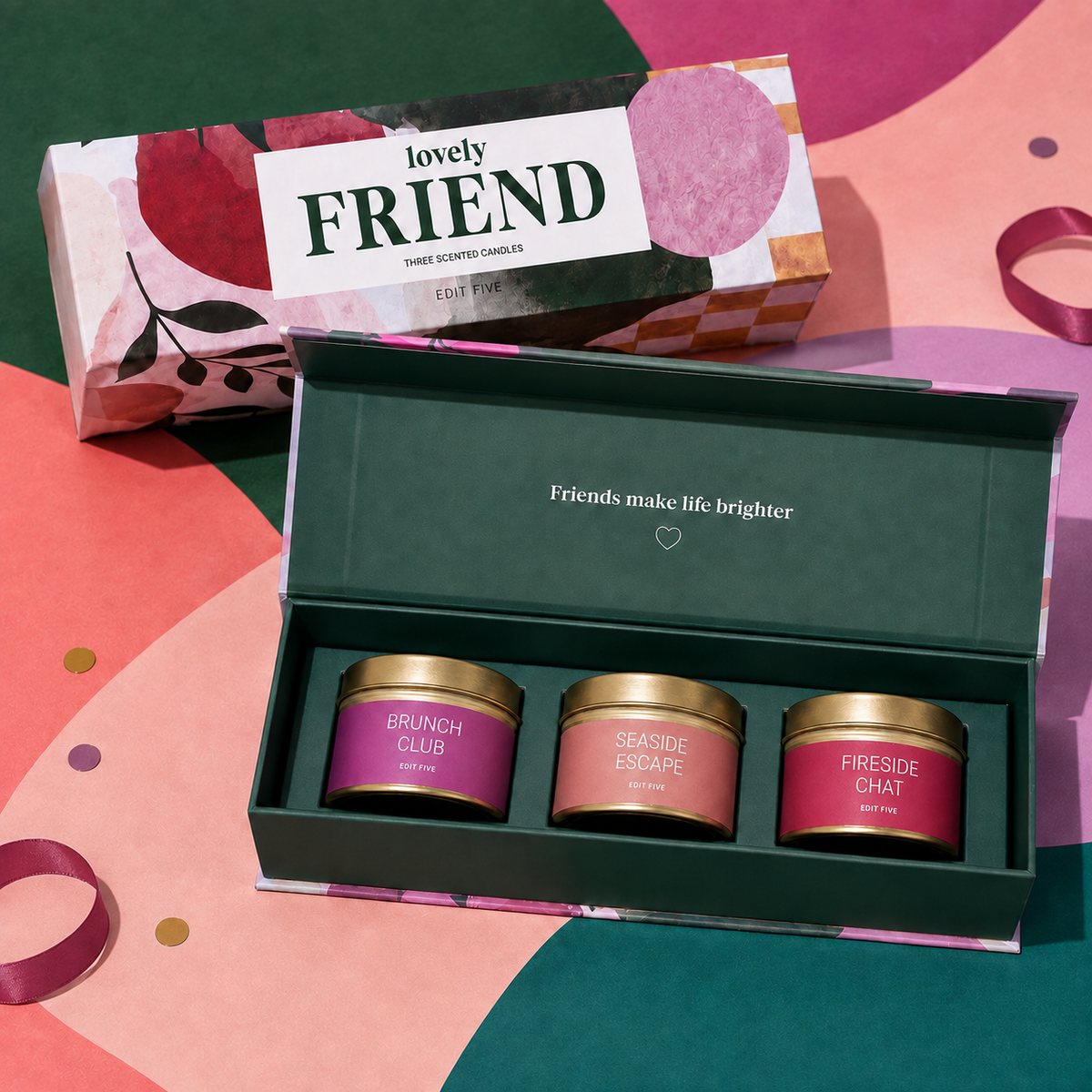 “Lovely Friend” luxury candle gift set featuring three scented gold candle tins presented inside a colourful premium magnetic keepsake box, perfect as a thoughtful gift for a friend.