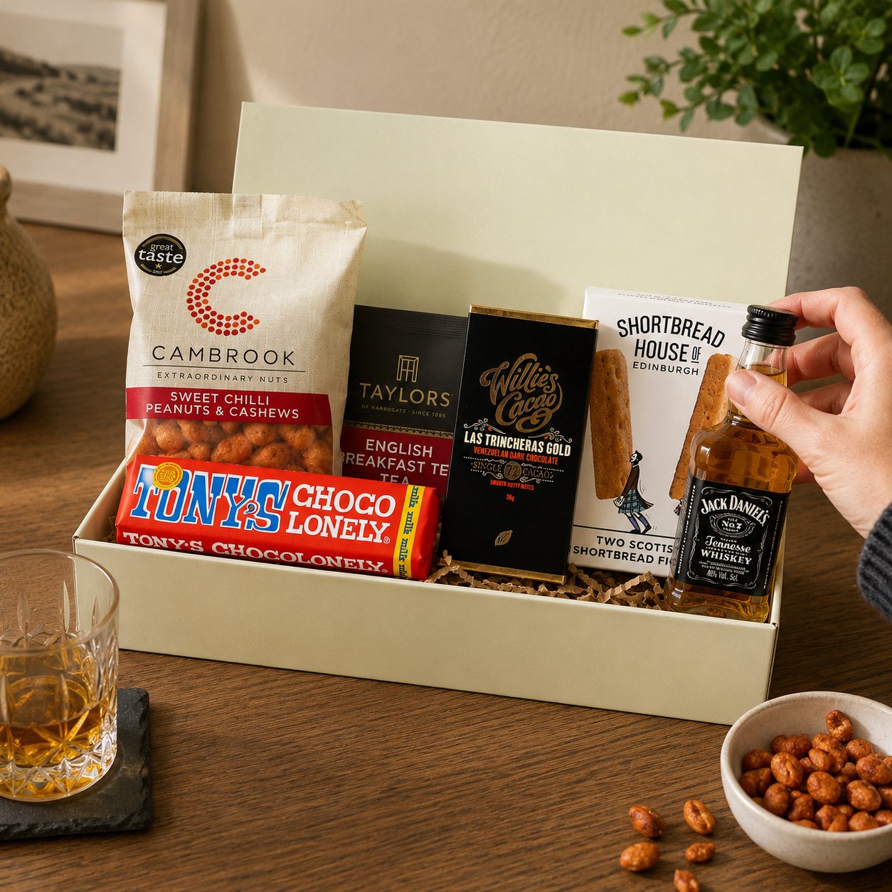 Luxury letterbox gift hamper for him featuring Jack Daniel's whiskey, artisan chocolate, English breakfast tea, sweet chilli peanuts and shortbread presented in a premium Hallby gift box.
