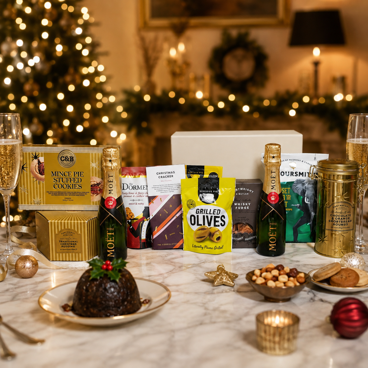 Luxury Christmas champagne gift hamper in a large magnetic gift box featuring two bottles of Moët & Chandon Champagne, Christmas chocolate, grilled olives, snacking cheese, cheddar and shallot crisps, chocolate and orange shortbread, festive nut mix, whisky fudge, mince pie stuffed cookies and Christmas pudding.