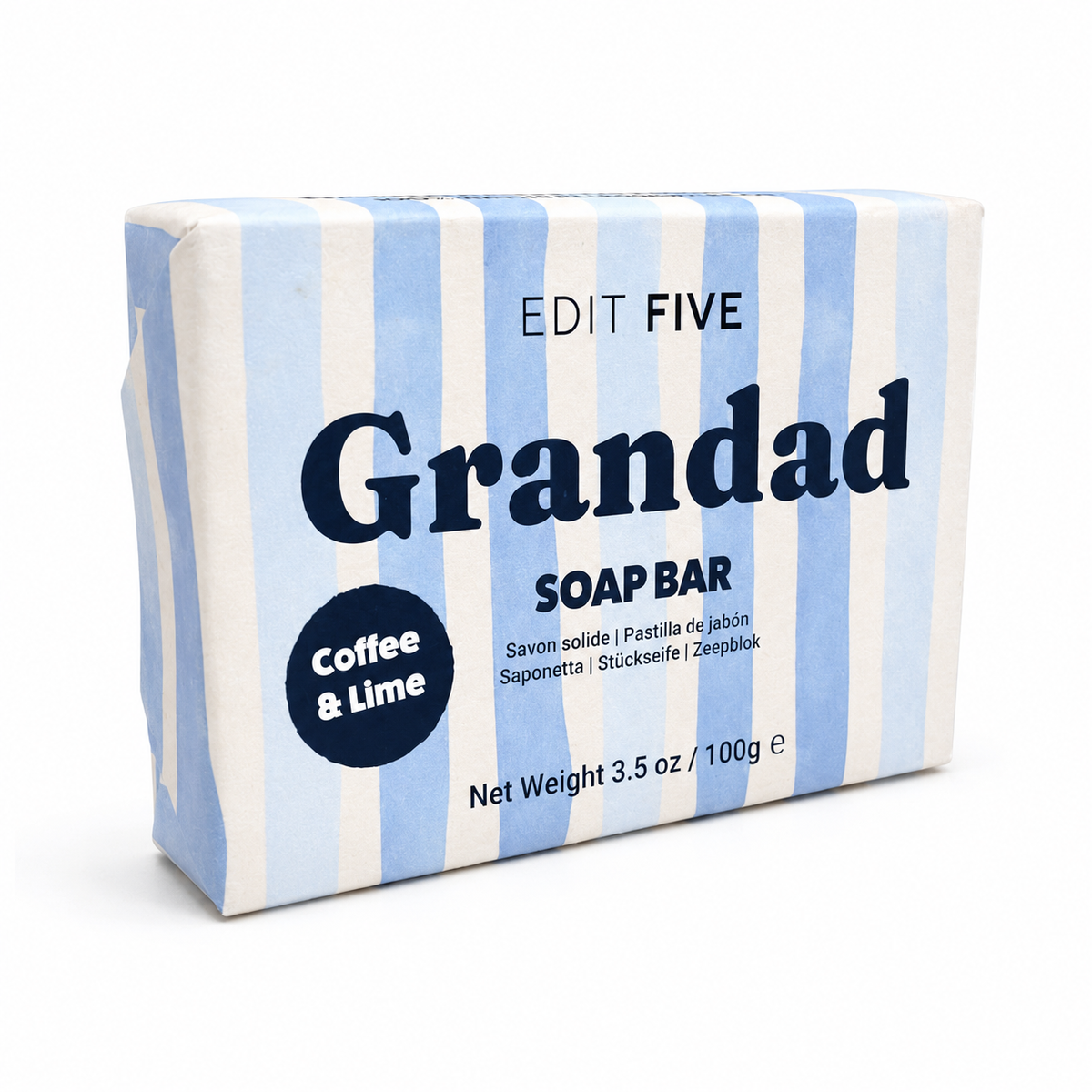 A boxed soap bar package labeled 'EDIT FIVE Grandad SOAP BAR' with blue and white vertical stripes and a dark blue 'Coffee &amp; Lime' badge, photographed on a clean white background. Natural coffee and lime soap handmade in England—a thoughtful gift for Grandad, Grandpa or Grandfather for birthdays, Christmas, Father’s Day, thank-yous or simply because.