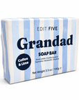 A boxed soap bar package labeled 'EDIT FIVE Grandad SOAP BAR' with blue and white vertical stripes and a dark blue 'Coffee & Lime' badge, photographed on a clean white background. Natural coffee and lime soap handmade in England—a thoughtful gift for Grandad, Grandpa or Grandfather for birthdays, Christmas, Father’s Day, thank-yous or simply because.
