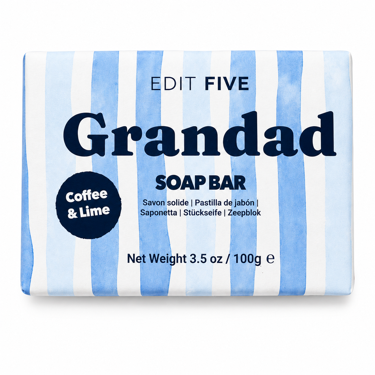 A rectangular bar of soap wrapped in white and light blue watercolor-style vertical stripes, with large dark blue text reading 'Grandad' and smaller text 'EDIT FIVE' and 'Coffee &amp; Lime' on a clean white background. Colourfully packaged 100g Grandad soap bar with a refreshing citrus and coffee fragrance, natural essential oil and gentle exfoliation, ideal for gift hampers and men’s grooming sets.
