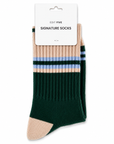 Soft green, peach and blue striped socks for women with a durable wool-blend construction and flexible fit, ideal for casual outfits, lounging, weekend wear and colourful sock gifts.