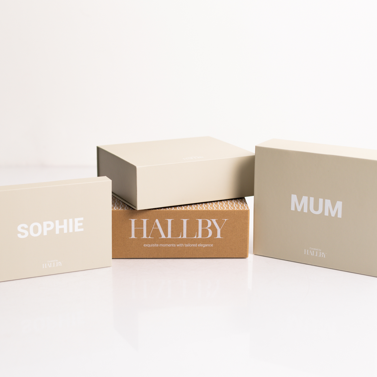Hallby branded gift boxes of various sizes.