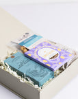 Congratulations Hamper with Milk chocolate chunk biscuits, Love cocoa congratulations chocolate slab, salted caramel popcorn and English breakfast tea bags. Perfect for mum, dad, sister, friend, employee, client, daughter, son.