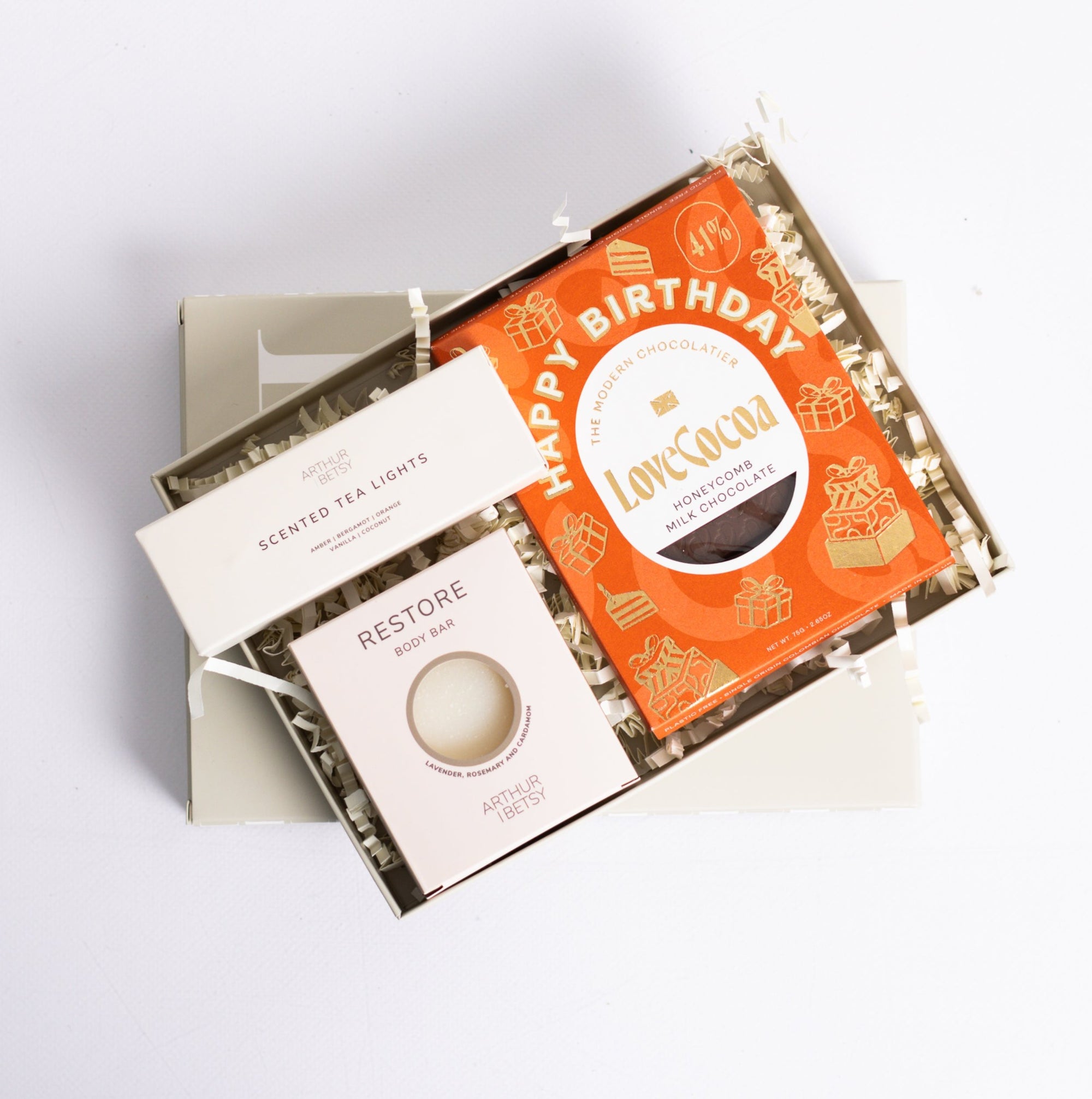 Happy Birthday gift box with love cocoa happy birthday chocolate slab, restore soap bar and 3x scented the lights set. Perfect for mum, dad, sister, friend, employee, client, daughter, son.