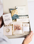 Head to toe spa box with sheet mask, natural sisal wash cloth, salted caramel biscuits, 3x scented tea lights, restore bath soak, English breakfast tea bags Perfect for thank you gifts, Christmas gifts, birthday gifts, congratulations gifts, client gifts, employee gifts or just because gifts.