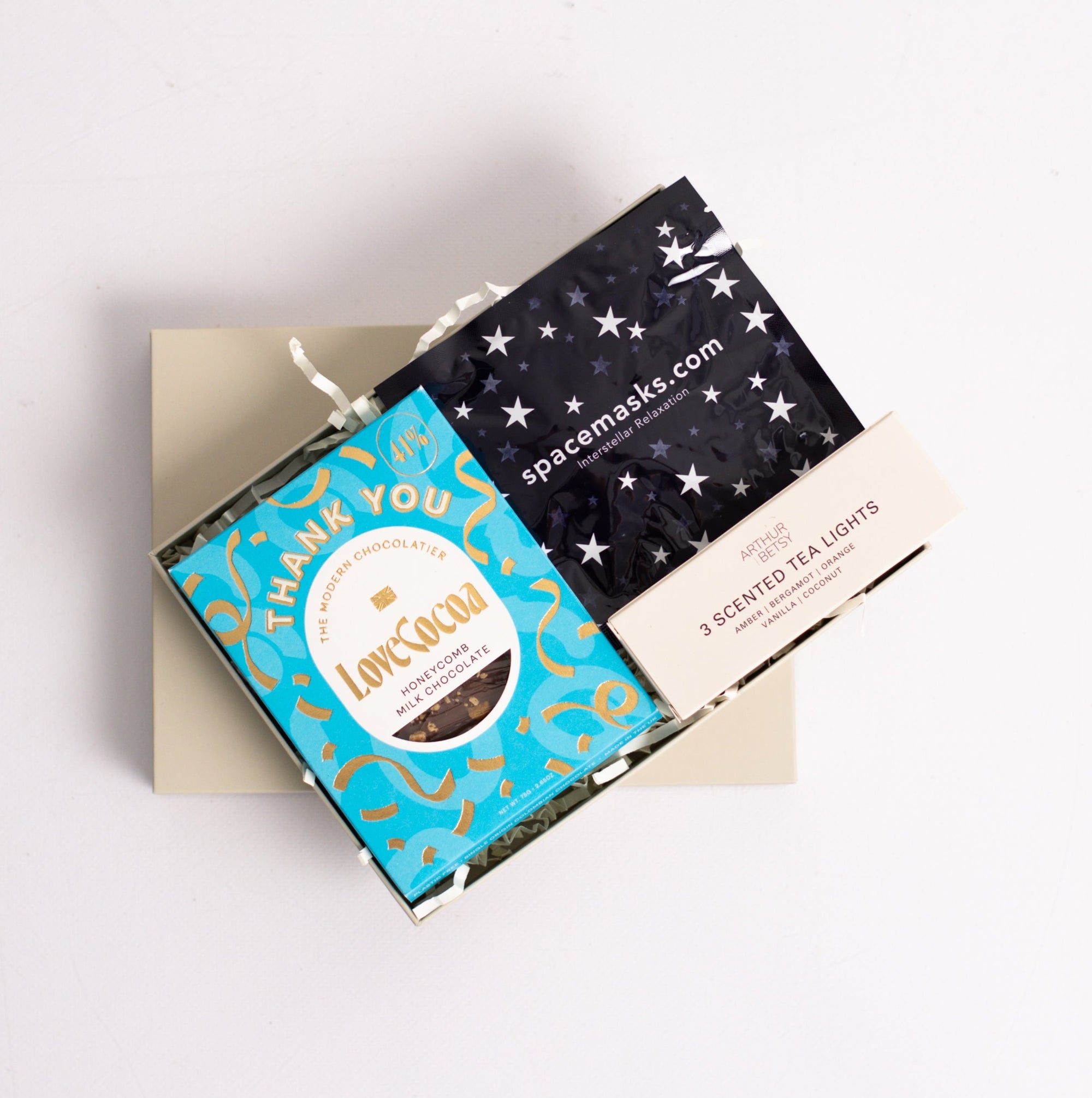 Thank you treat box with Love cocoa thank you chocolate slab, space self-heating eye mask and 3x scented tea lights. Perfect for mum, dad, sister, friend, employee, client, daughter, son.