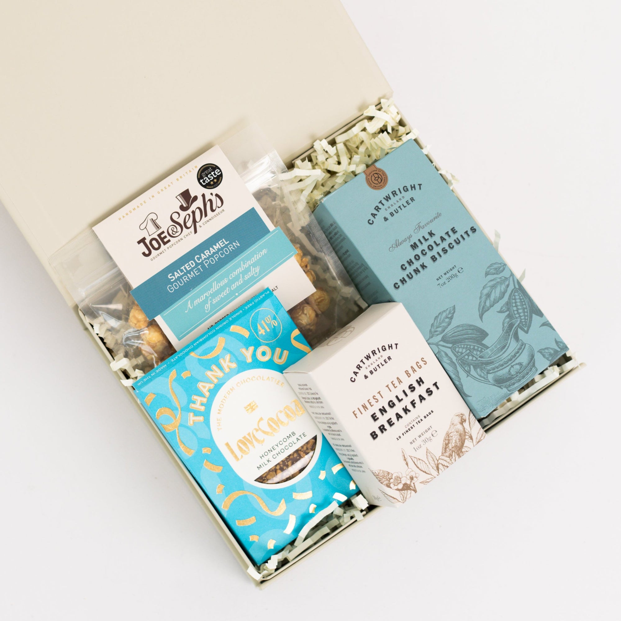 Thank you treat box with Love cocoa thank you chocolate slab, English breakfast tea bags, salted caramel popcorn and milk chocolate chunk biscuits Perfect for mum, dad, sister, friend, employee, client, daughter, son.