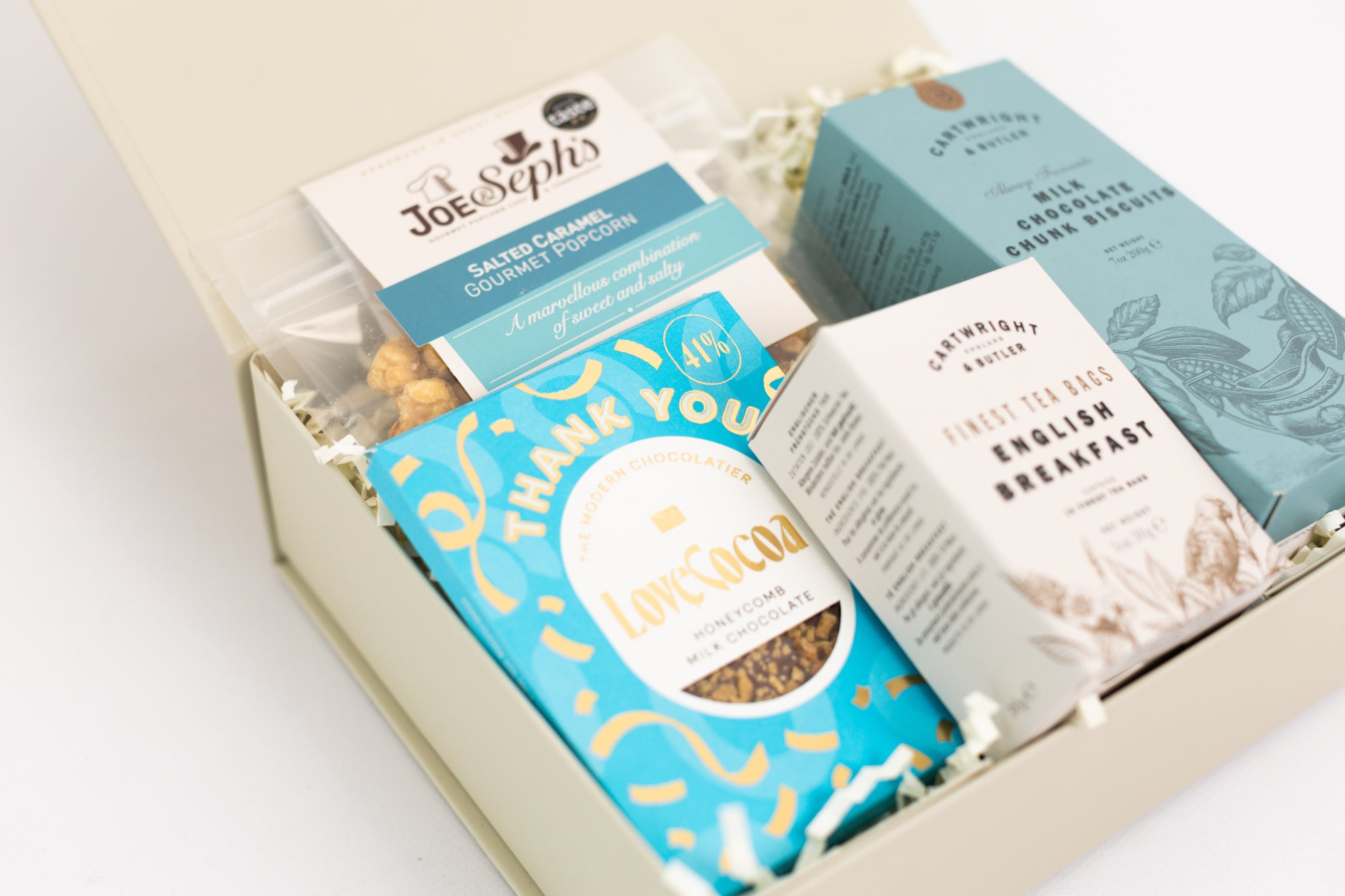 Thank you treat box with Love cocoa thank you chocolate slab, English breakfast tea bags, salted caramel popcorn and milk chocolate chunk biscuits Perfect for mum, dad, sister, friend, employee, client, daughter, son.