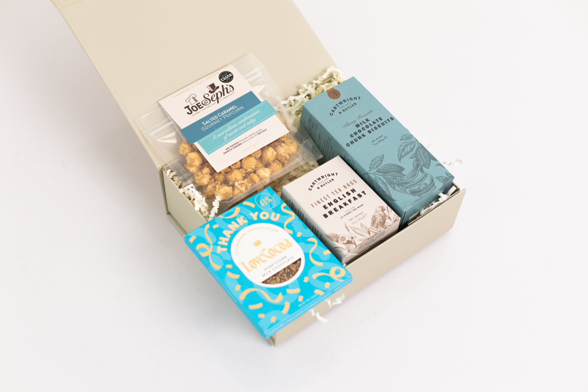 Thank you treat box with Love cocoa thank you chocolate slab, English breakfast tea bags, salted caramel popcorn and milk chocolate chunk biscuits Perfect for mum, dad, sister, friend, employee, client, daughter, son.