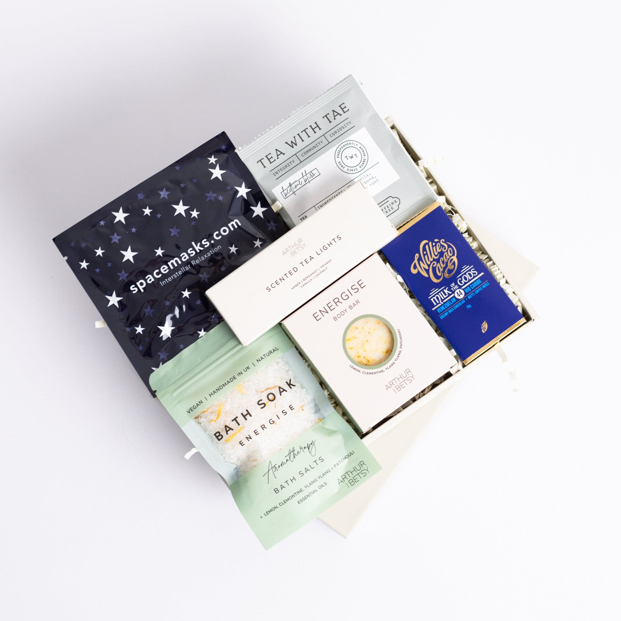 Relax box with space self-heating eye ask, sleep tea bag, 3x scented tea lights, energise bath soak, energise soap bar and milk chocolate bar. Perfect for thank you gifts, Christmas gifts, birthday gifts, congratulations gifts, client gifts, employee gifts or just because gifts.