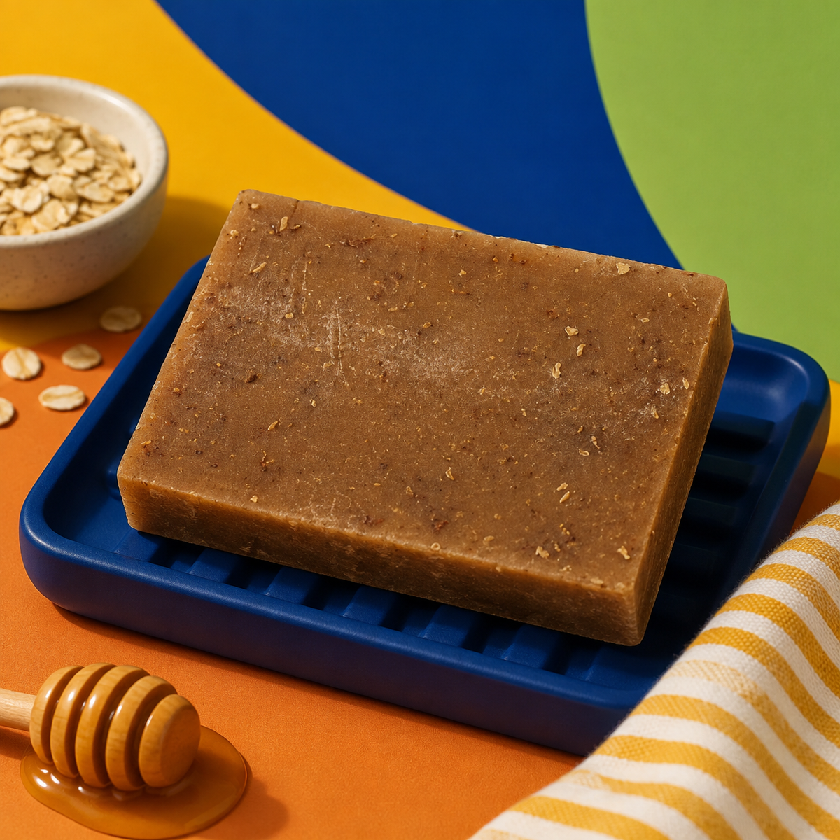 A rectangular bar of oatmeal shampoo or soap in a medium brown color with visible oat flakes, resting on a blue tray. The scene is styled with a small bowl of oats, a wooden honey dipper with honey, and a striped cloth, set against a colorful background of yellow, blue, and green shapes. Handmade 100g artisan honey and oatmeal soap, created for a mild, soothing wash with a creamy lather—ideal for daily bathing, handwashing and simple self-care routines.