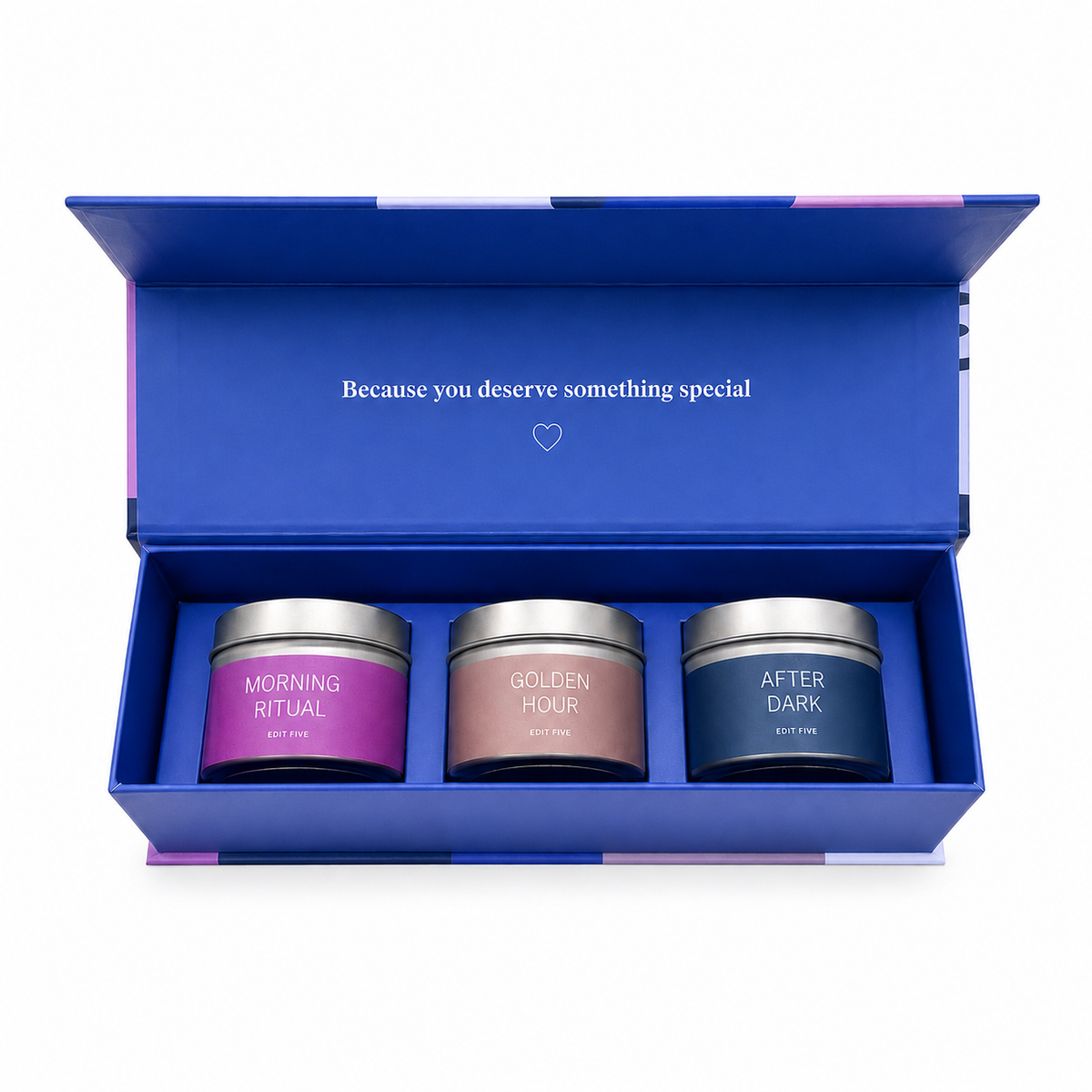 “Wishes Just For You” three-candle gift box offering over 36 hours of premium home fragrance—a thoughtful luxury gift for birthdays, thank-yous, housewarmings, congratulations or special occasions.