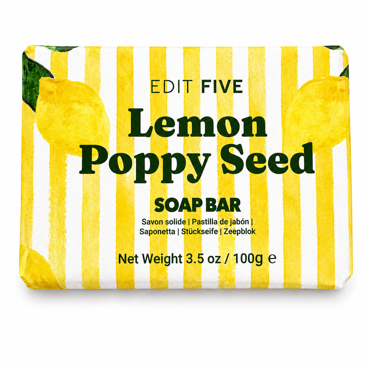 A rectangular bar of soap wrapped in a yellow and white striped paper sleeve decorated with watercolor-style lemon illustrations. Colourfully packaged lemon poppy seed soap bar with a clean citrus aroma and gentle exfoliating texture, perfect for pamper hampers, gift boxes, stocking fillers and wellbeing gifts.