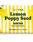A rectangular bar of soap wrapped in a yellow and white striped paper sleeve decorated with watercolor-style lemon illustrations. Colourfully packaged lemon poppy seed soap bar with a clean citrus aroma and gentle exfoliating texture, perfect for pamper hampers, gift boxes, stocking fillers and wellbeing gifts.