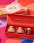 “Wonderful Mum” luxury candle gift set featuring three scented gold candle tins presented inside a colourful magnetic keepsake box, perfect as a thoughtful gift for Mum.