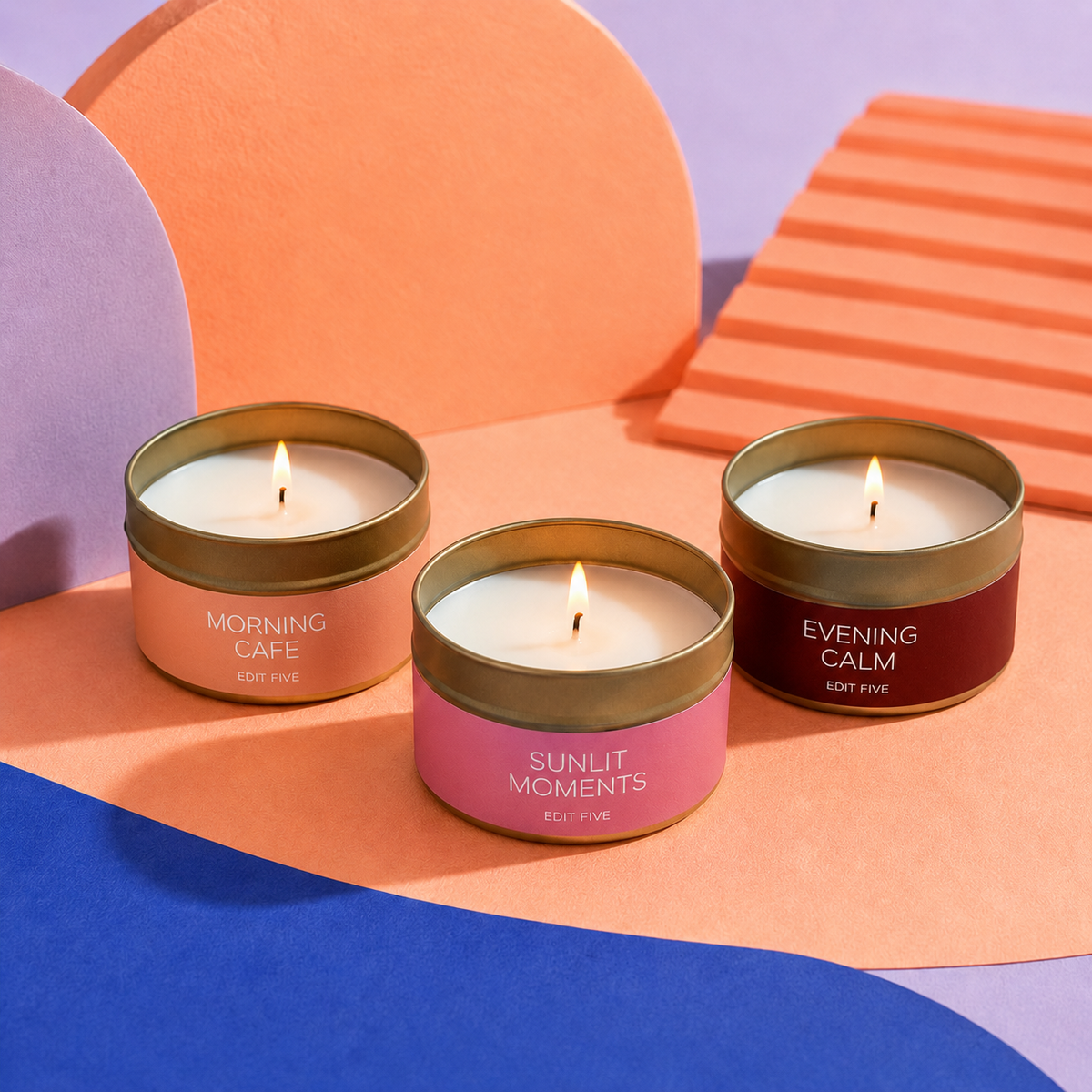 Edit Five luxury candle gift box containing three 80g scented candles in Morning Café, Sunlit Moments and Evening Calm fragrances, offering over 36 hours of premium home fragrance.