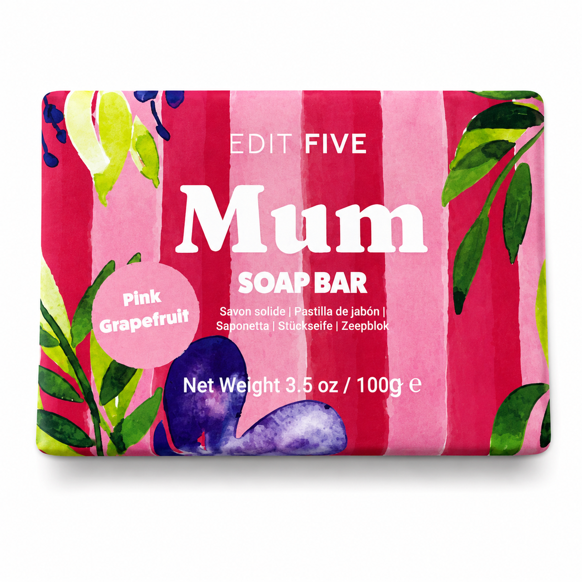 A rectangular bar of soap wrapped in a bright pink striped paper sleeve decorated with watercolor grapefruit and green leaves. The front reads 'EDIT FIVE Mum SOAP BAR' and 'Pink Grapefruit' in a pink circle. Gift-ready 100g Mum soap bar with an uplifting citrus fragrance and 100% natural pink grapefruit essential oil, ideal for gift hampers, care packages and relaxing self-care treats.
