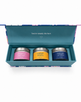 Luxury gift for Nan featuring three scented candles in decorative gold tins and a reusable magnetic keepsake box, perfect for candle lovers, self-care and relaxing at home.