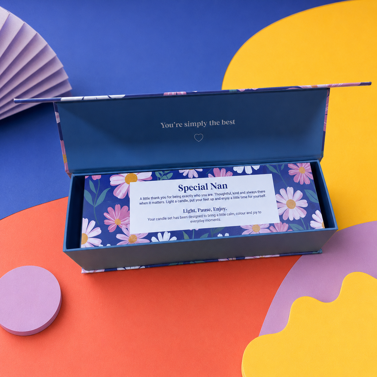 Colourful three-candle gift set featuring roasted coffee and vanilla, fresh bergamot with delicate florals, and warm tobacco leaf, cedarwood and amber fragrances.