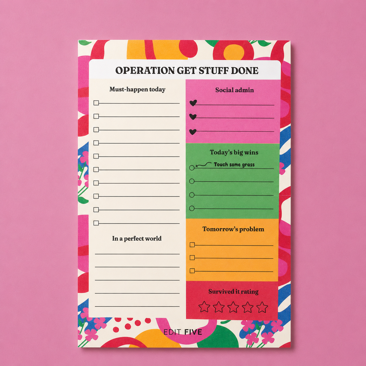 Colourful floral “Operation Get Stuff Done” A5 daily planner notepad with 50 tear-off sheets and structured sections for priorities, to-do lists, life admin, reminders and daily wins.