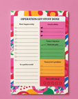 Colourful floral “Operation Get Stuff Done” A5 daily planner notepad with 50 tear-off sheets and structured sections for priorities, to-do lists, life admin, reminders and daily wins.