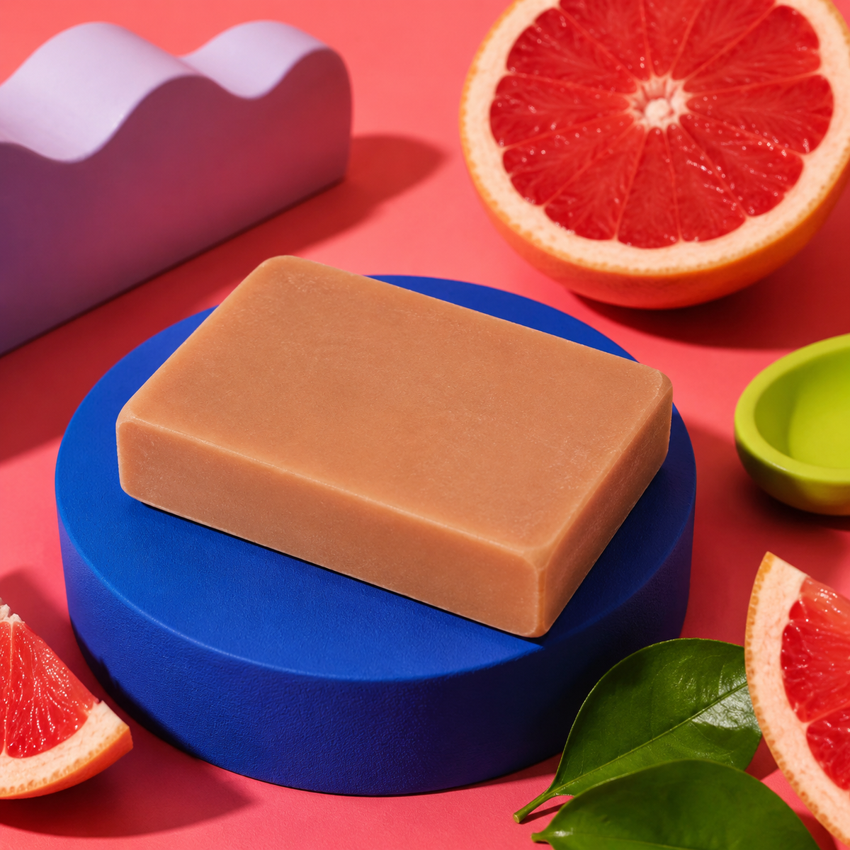 A rectangular bar of light tan soap sits on a round blue pedestal, surrounded by grapefruit slices, green leaves, a small green dish, and a lavender sculptural object on a pink background. Handmade 100g artisan soap for Mum, scented with uplifting pink grapefruit essential oil for a bright, fruity fragrance and refreshing everyday cleansing experience.