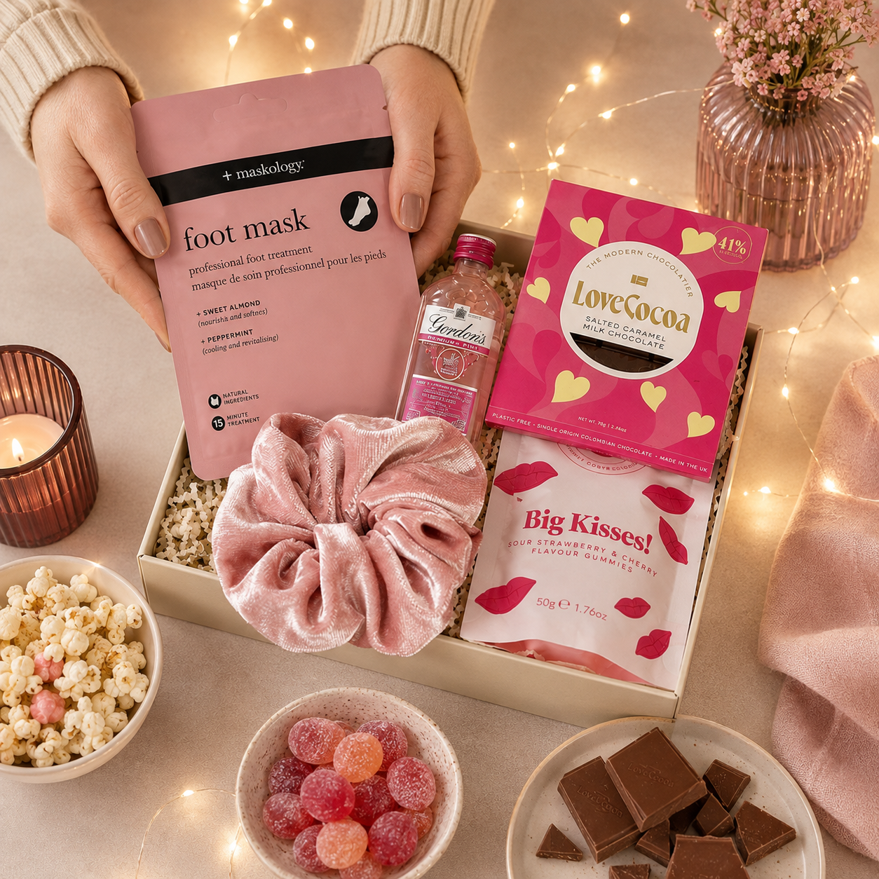 Luxury pink letterbox gift hamper featuring Gordon's Pink Gin, strawberry lip balm, pink velvet scrunchie, hydrating foot mask, salted caramel milk chocolate and an 'Ask Mummy and Daddy – Big Kisses' keepsake in a premium Hallby gift box.