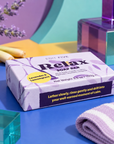 Edit Five Relax natural essential-oil soap bar with lavender and lemongrass, ideal for mindful bathing, evening routines, wellbeing gifts and self-care hampers.