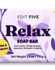 Colourfully packaged 100g Relax soap bar, handmade with natural lavender and lemongrass essential oils—a fragrant bathroom essential and soothing self-care gift.
