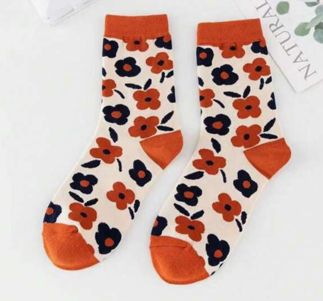 Orange and blue flower print socks