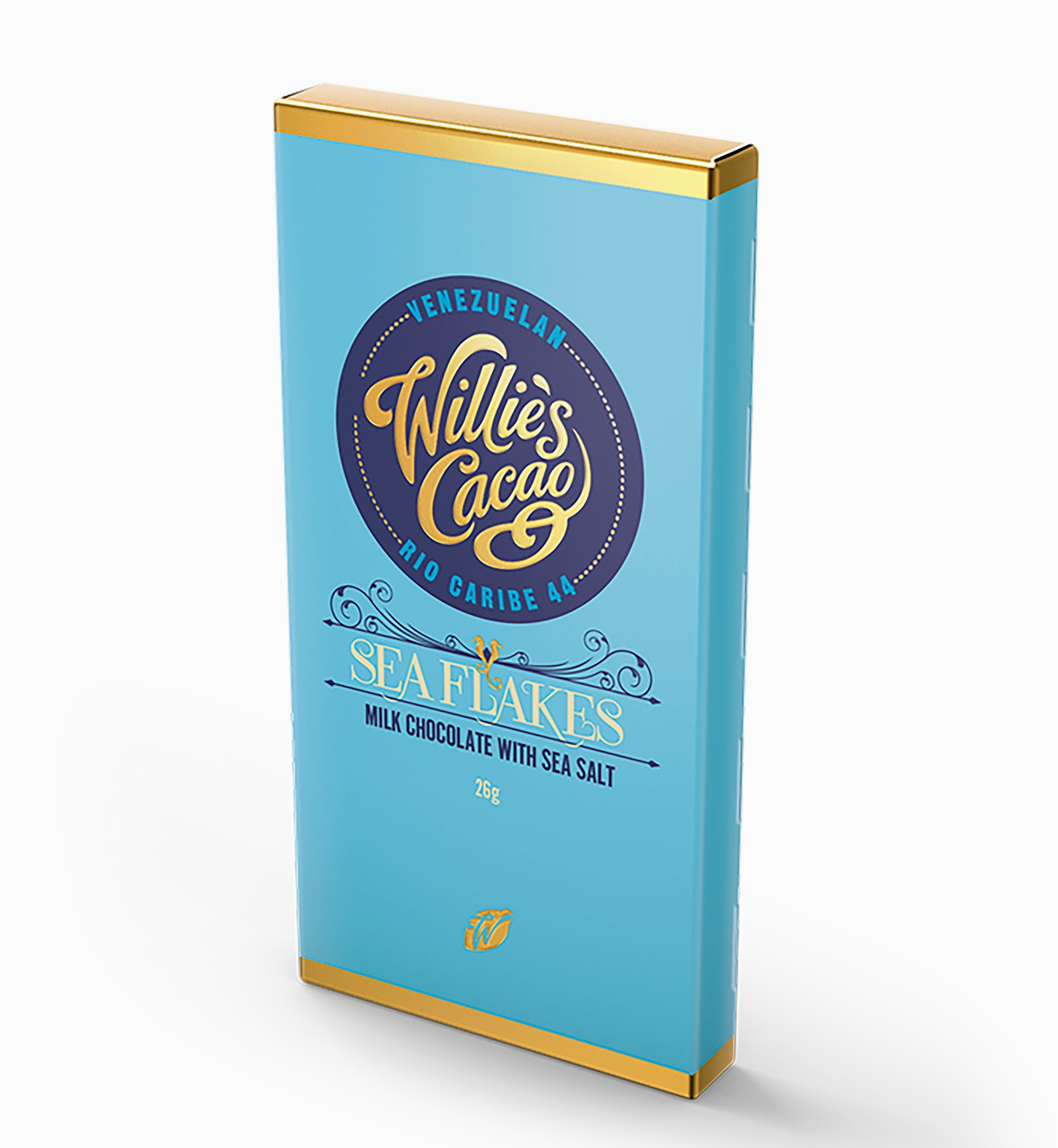 Willie's Cacao Venezuelan Rio Caribe 44 Sea Flakes chocolate bar packaging on a white background