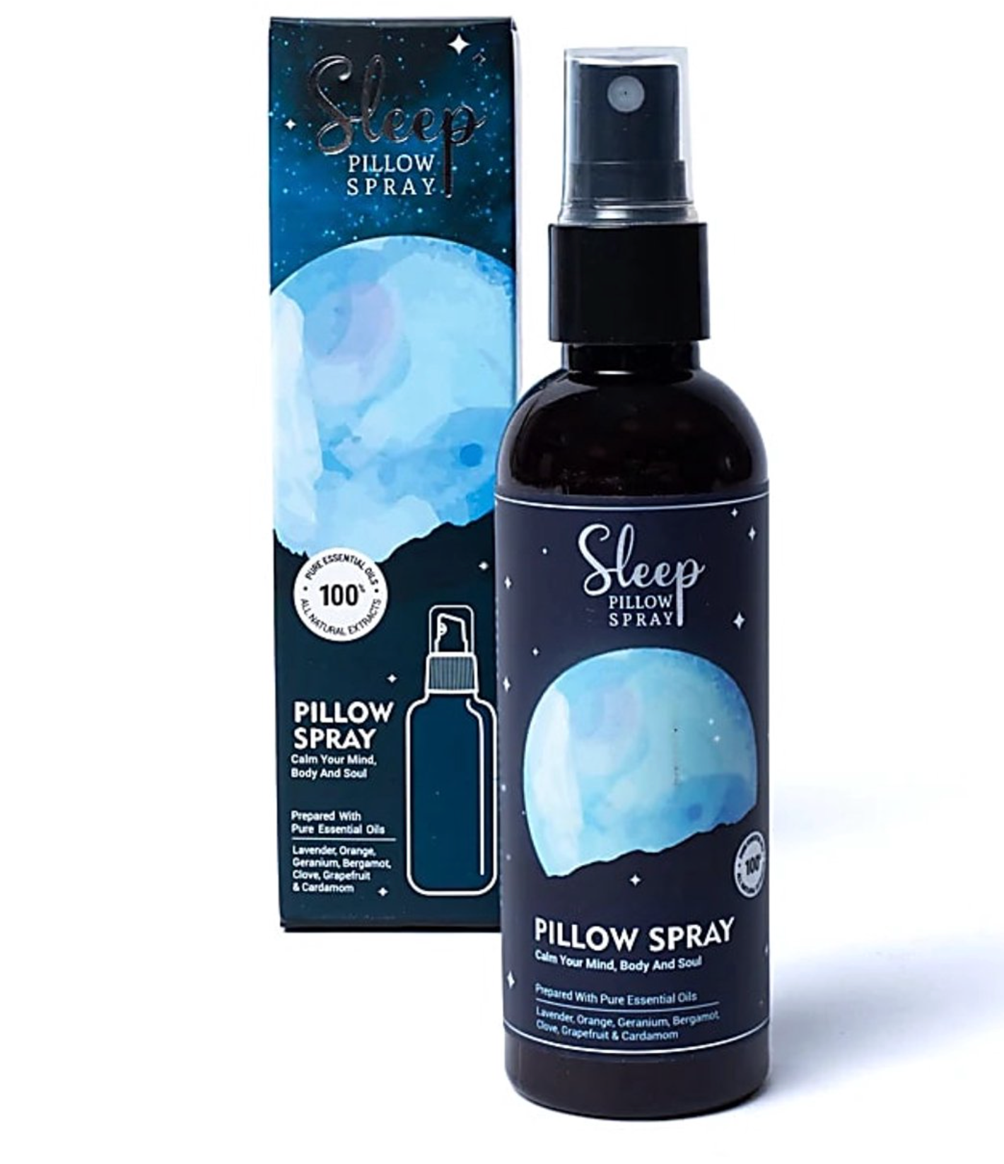 Sleep pillow spray bottle with packaging on a white background