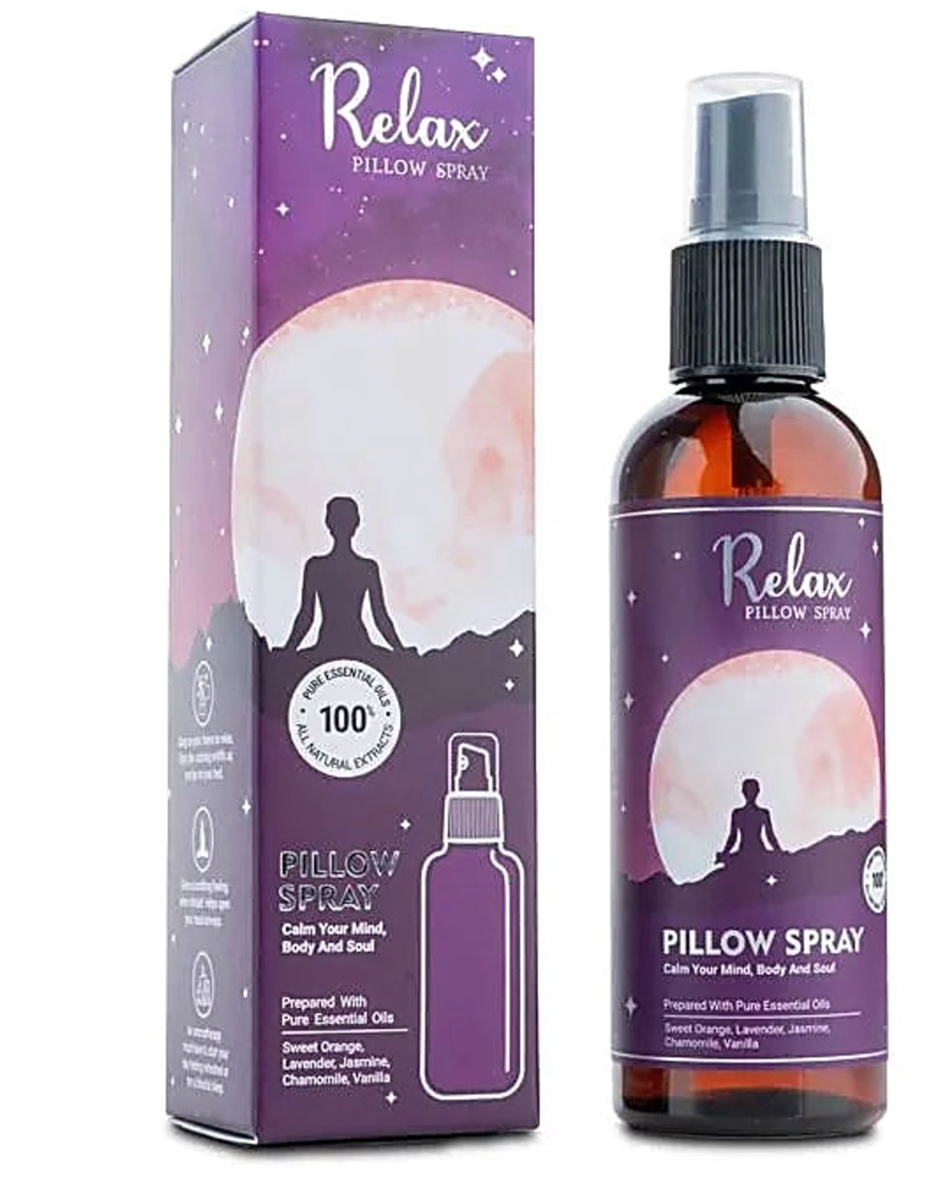 Relax Pillow Spray packaging and bottle on a white background