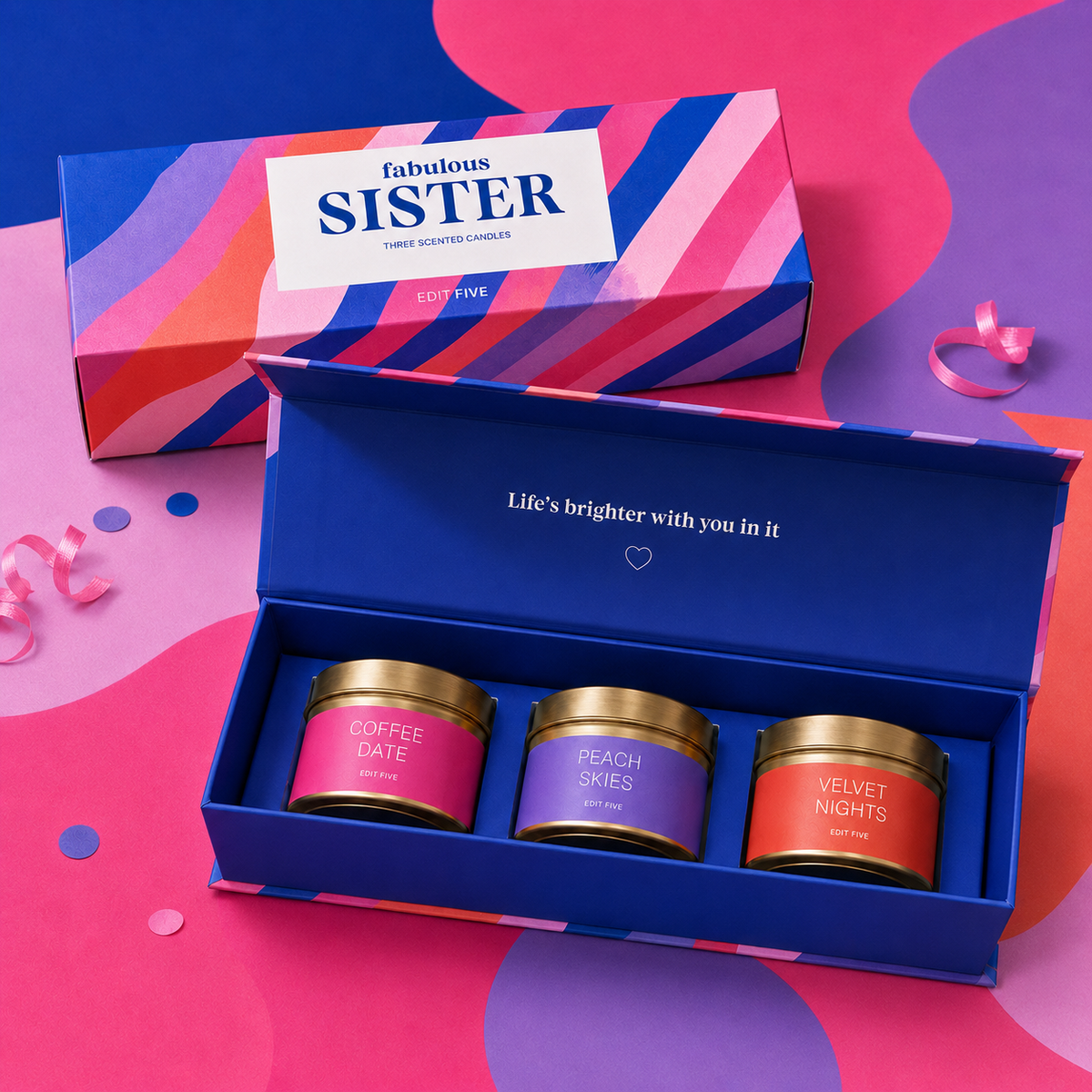 “Fabulous Sister” luxury candle gift set featuring three scented gold candle tins presented inside a colourful premium magnetic keepsake box, perfect as a thoughtful gift for your sister.