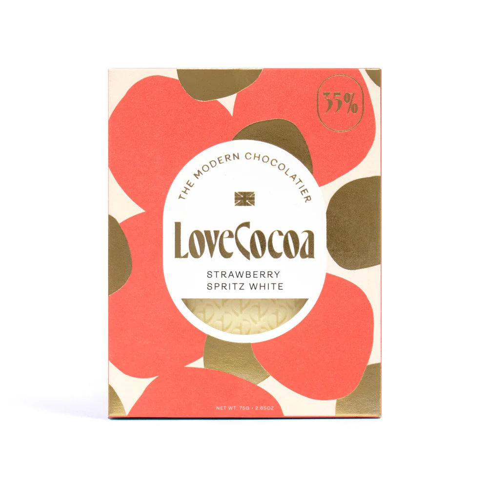 love cocoa chocolate, strawberry spritz white chocolate, luxury chocolate, white chocolate bar, love cocoa slab