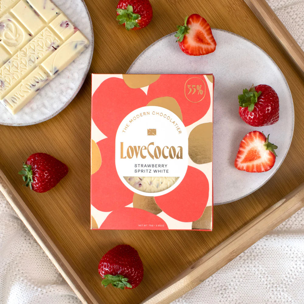 love cocoa chocolate, strawberry spritz white chocolate, luxury chocolate, white chocolate bar, love cocoa slab