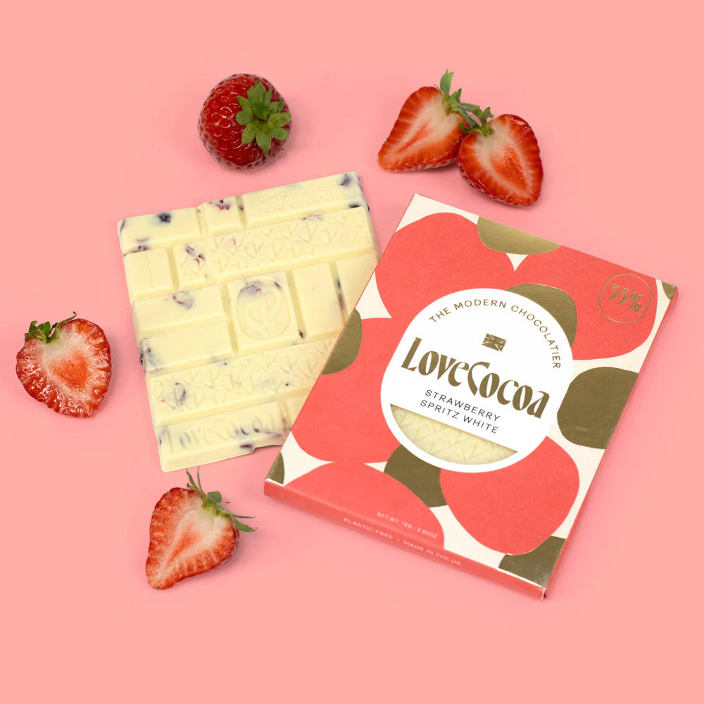 love cocoa chocolate, strawberry spritz white chocolate, luxury chocolate, white chocolate bar, love cocoa slab