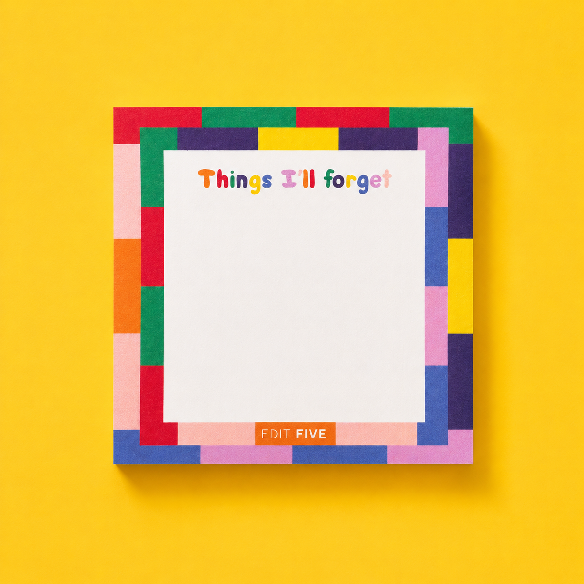 Colourful patchwork “Things I’ll Forget” memo pad with 50 tear-off sheets and spacious writing pages for daily reminders, shopping lists, important notes, errands and to-do lists.