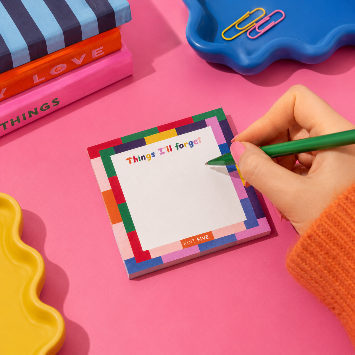 Edit Five 10 x 10cm square memo notepad featuring a bright patchwork design and playful rainbow typography, ideal for capturing quick notes, appointments, ideas, tasks and everyday reminders.