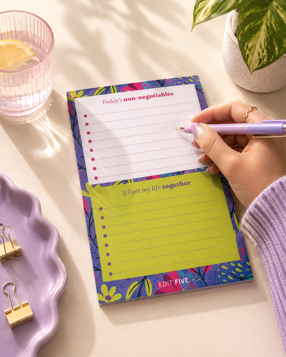 Edit Five A5 productivity notepad featuring a colourful dual-section layout for organising must-do tasks and lower-priority jobs, ideal for daily planning, work, study and home organisation.
