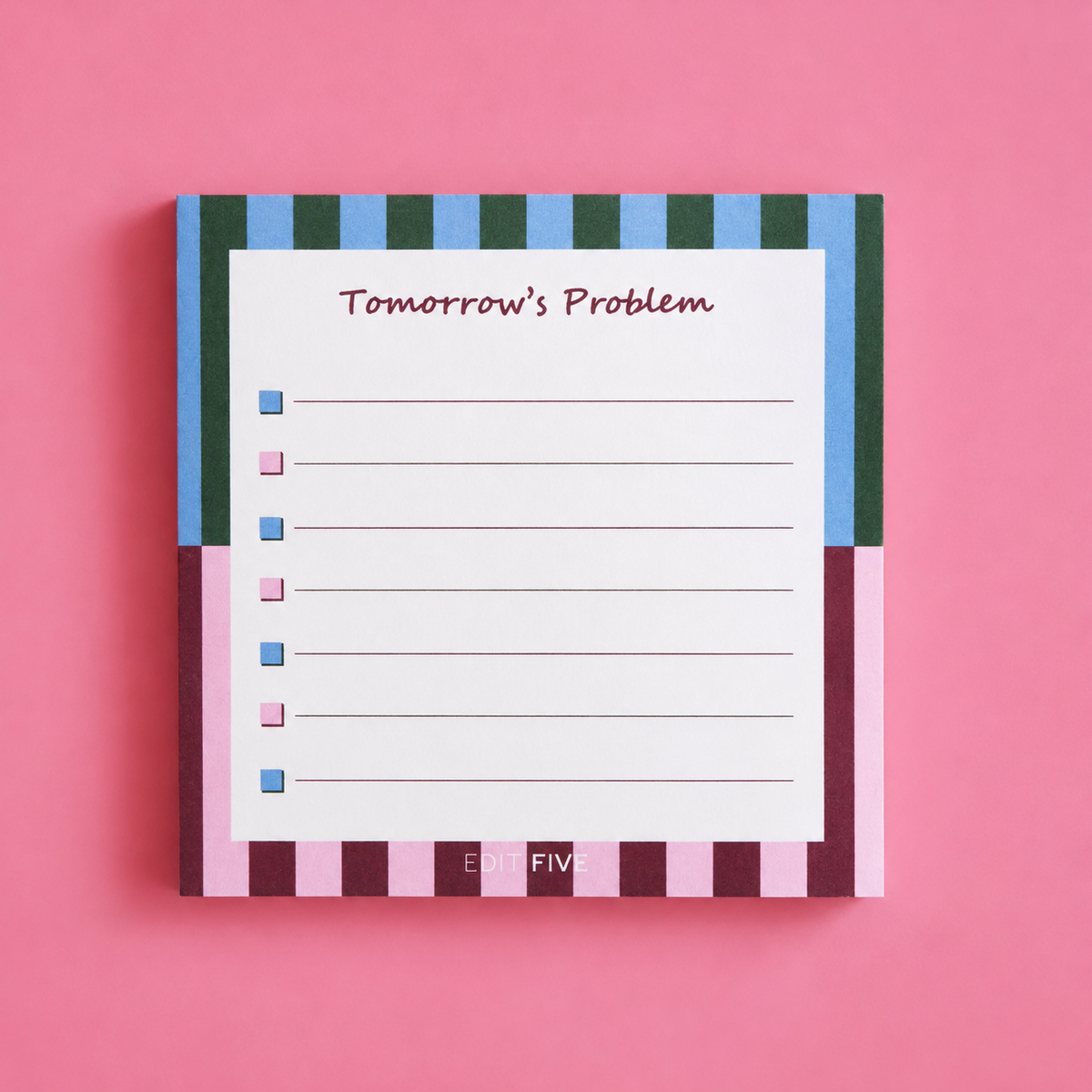 Colourful striped “Tomorrow’s Problem” memo pad with 50 tear-off sheets and a practical tick-box layout for quick notes, daily reminders, shopping lists, brain dumps and to-do lists.