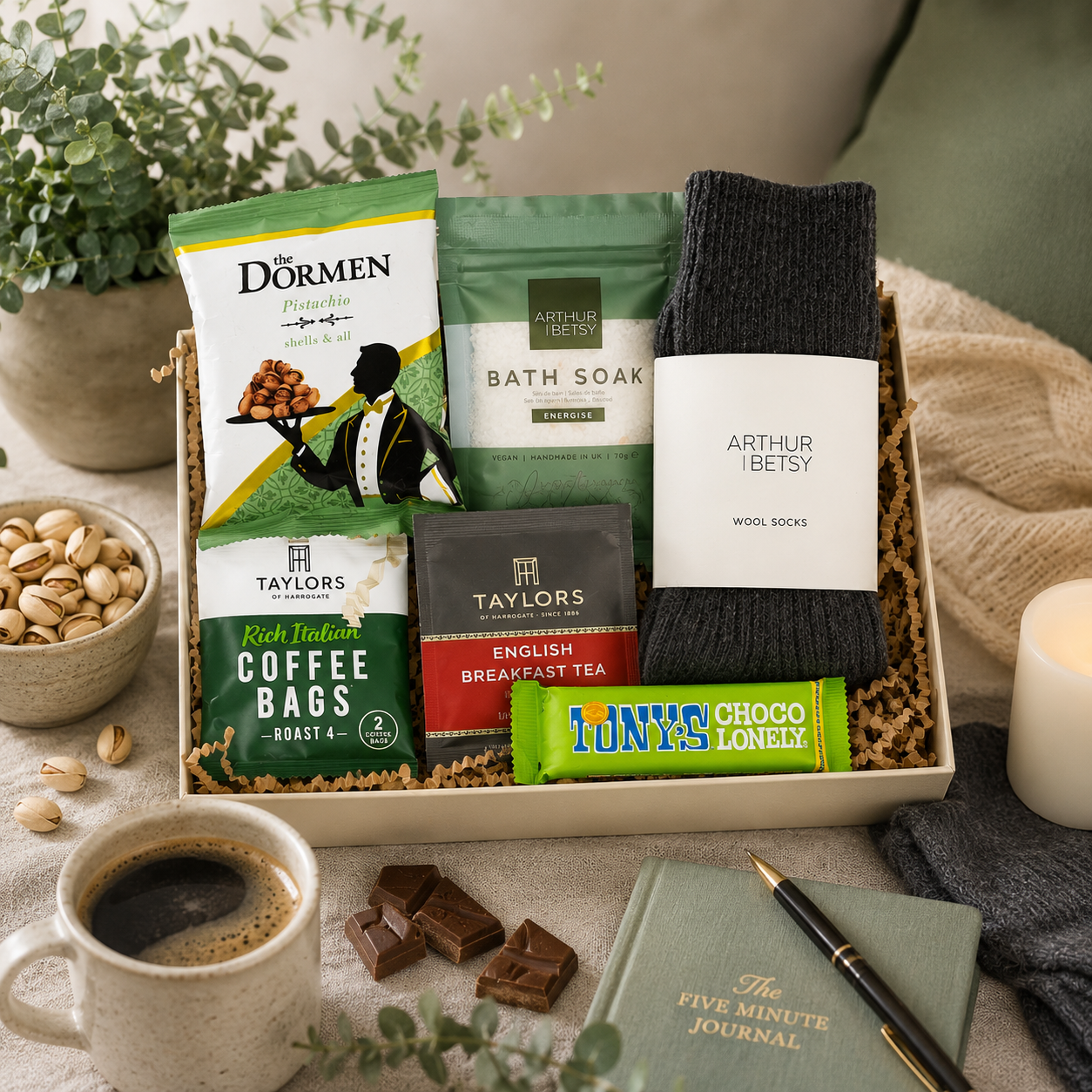 Luxury letterbox self care gift hamper for him featuring wool socks, energising bath soak, English Breakfast tea, coffee bag, pistachio nuts and Tony's Chocolonely dark almond sea salt chocolate in a premium Hallby gift box.
