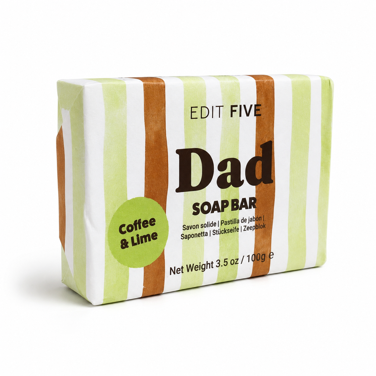 A packaged soap bar with a white, light green, and brown striped design. The front label reads 'EDIT FIVE Dad SOAP BAR' and 'Coffee &amp; Lime' in a green circle, on a clean white background. Natural coffee and lime soap handmade in England—a unique gift for Dad, Stepdad, Father or Father-in-Law for birthdays, Christmas, Father’s Day or simply to say thank you.