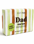 A packaged soap bar with a white, light green, and brown striped design. The front label reads 'EDIT FIVE Dad SOAP BAR' and 'Coffee & Lime' in a green circle, on a clean white background. Natural coffee and lime soap handmade in England—a unique gift for Dad, Stepdad, Father or Father-in-Law for birthdays, Christmas, Father’s Day or simply to say thank you.