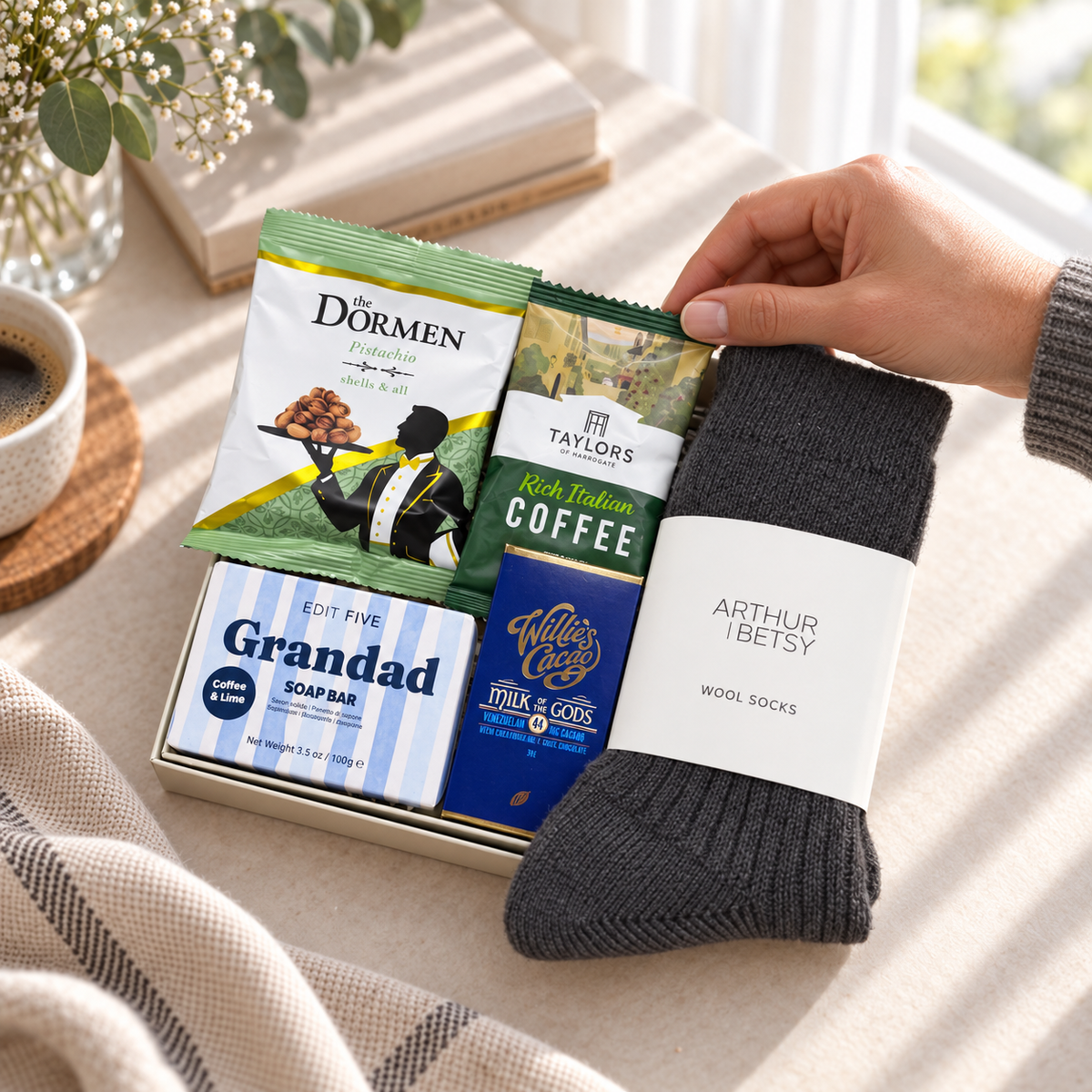 A gift set arranged on a beige fabric surface, featuring a dark charcoal wool sock with a white Arthur Betsy band, a soap bar, a coffee bag, and a snack bag, with a hand holding the sock. A cup of coffee, books, and greenery are visible in the background. Hallby Grandad letterbox gift with wool socks, coffee, pistachios, chocolate and Grandad soap
