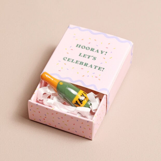 Hooray - let&#39;s celebrate Tiny Matchbox Ceramic Champagne Token